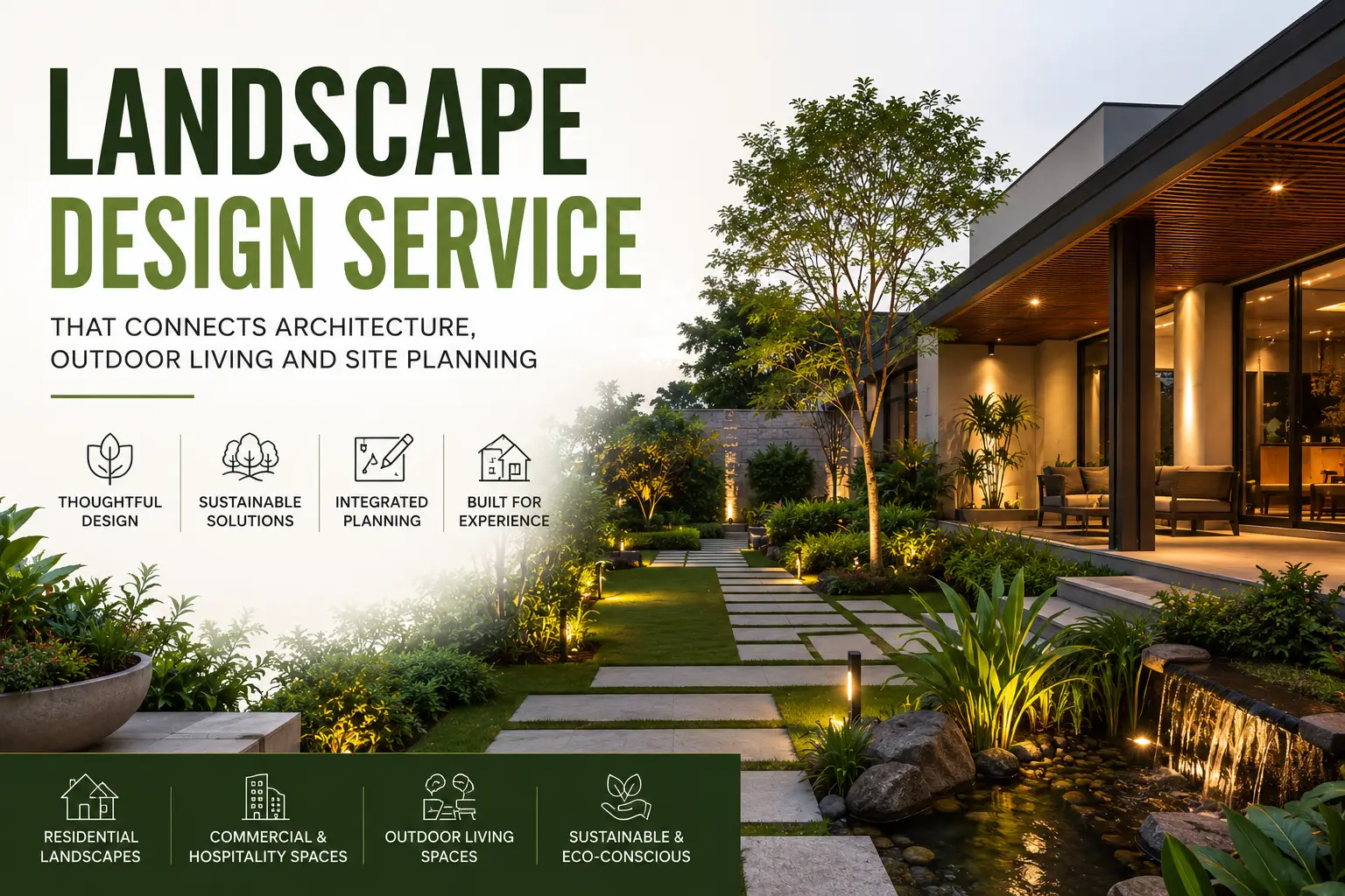 Landscape design service featured image showing a modern home with planned outdoor living, lush greenery, garden lighting, pathways and water features.