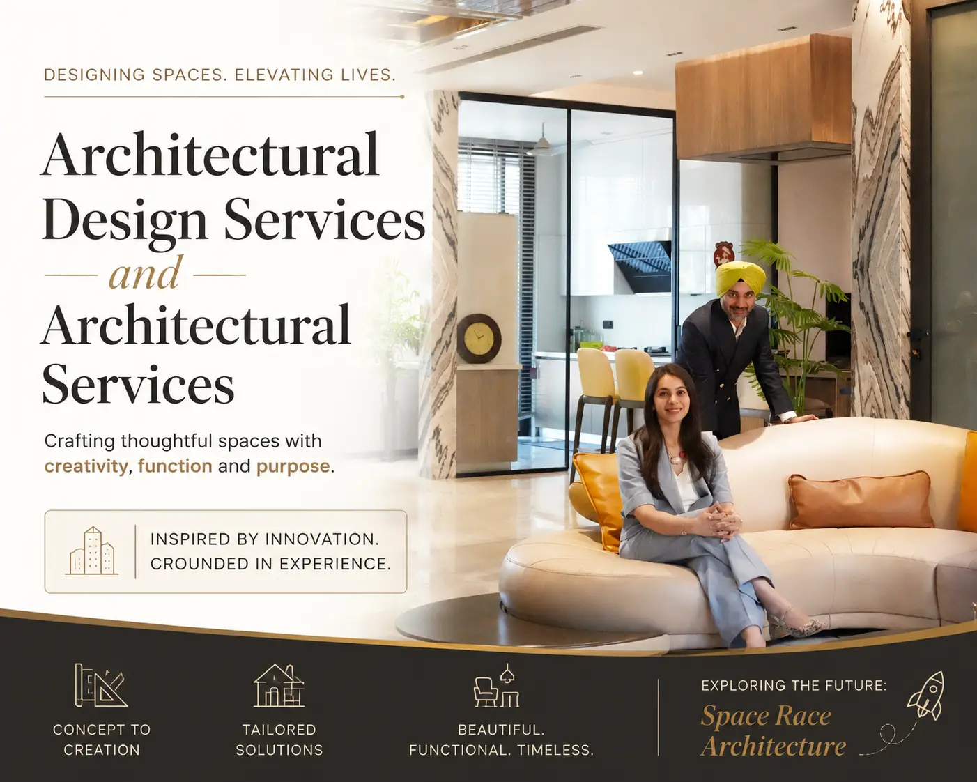 Professional architectural design services by Space Race Architecture, showcasing modern luxury interior with marble, wood accents, and two designers in a bright living space, highlighting tailored, functional, and innovative design solutions."