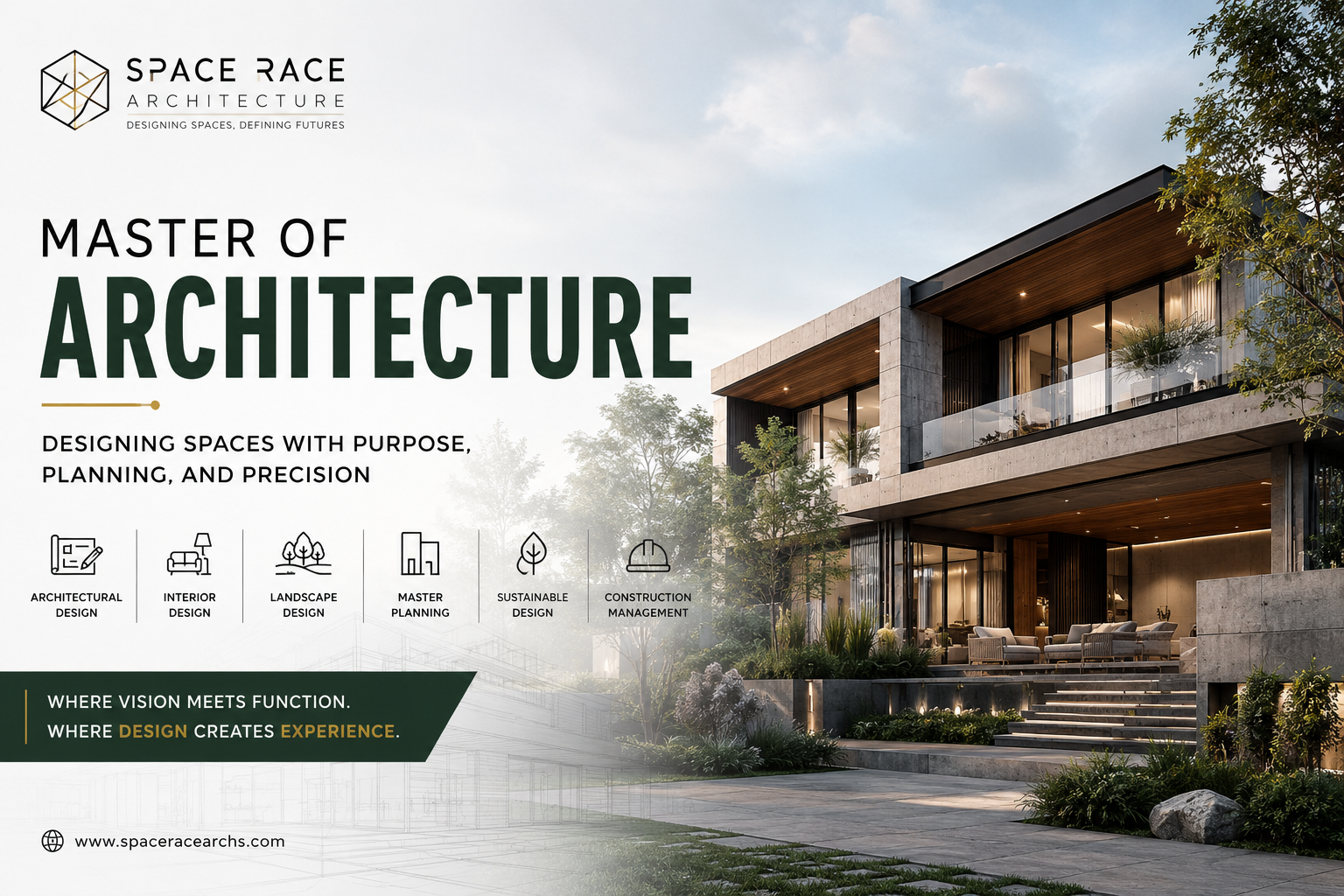Master of Architecture blog banner featuring a modern luxury residence by Space Race Architecture with architectural design, interiors, landscape, and sustainable planning elements.