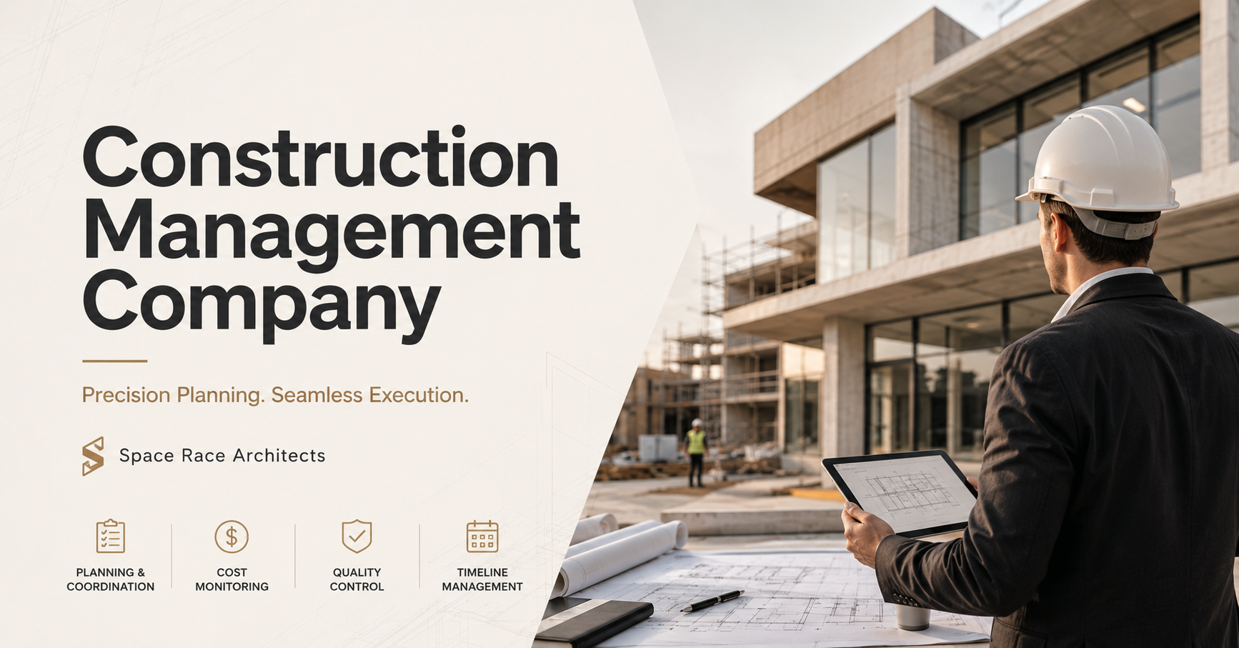 Construction management company, architect reviewing plans on site, modern building background.