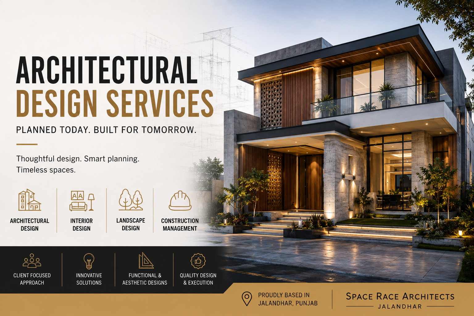 Architectural design services banner featuring a modern luxury house exterior, landscape lighting, interior design icons and Space Race Architects Jalandhar branding.
