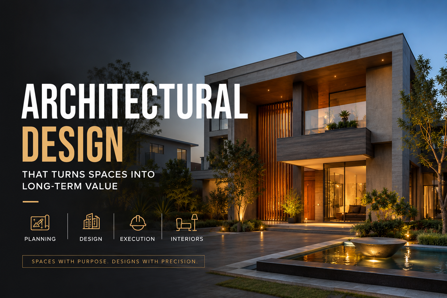 Modern luxury home exterior at dusk with bold overlay text reading “Architectural Design,” highlighting premium residential architecture with warm lighting, glass balconies, and clean contemporary lines.