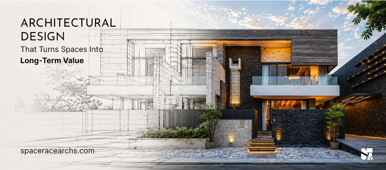 Modern luxury home exterior showing an architectural sketch transitioning into a completed contemporary residence with façade lighting, stone textures, and glass balcony design.