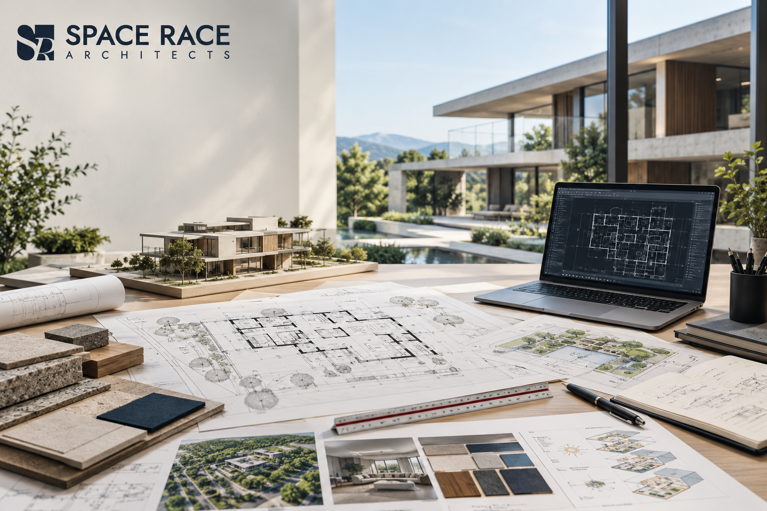 Architectural Planning workspace with building plans, architectural model and modern house design