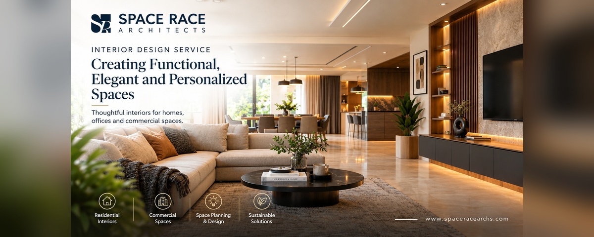Modern interior design featuring an elegant living room, contemporary furniture, warm lighting and functional space planning by Space Race Architects.